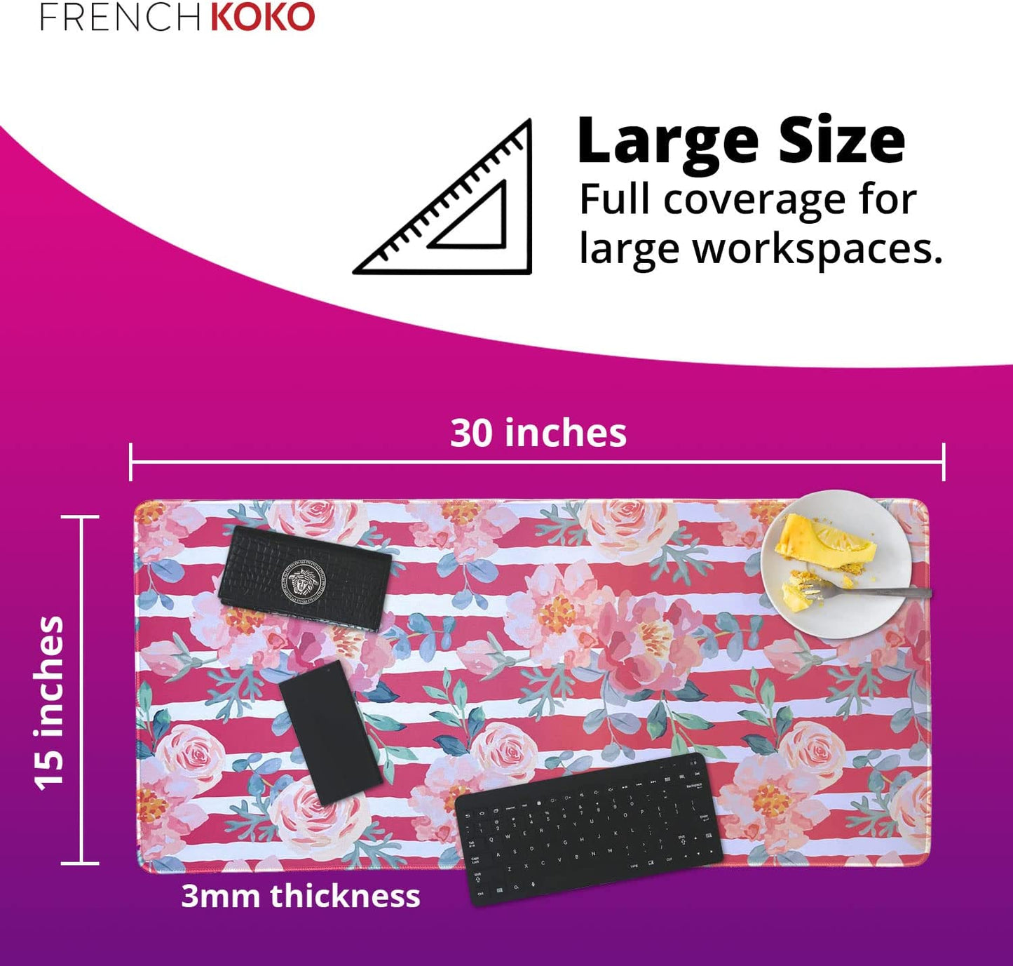 Large Mouse Pad Desk Mat Keyboard Desktop Home Office School Essentials College Cute Decor Big Laptop Protector Computer Accessories Pretty Mousepad Floral Pink Roses White Stripe 30"X15"